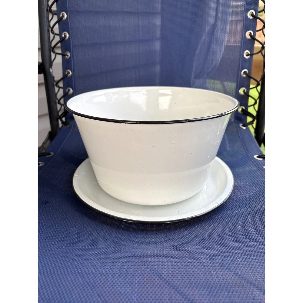 Vintage White Enamelware Bowl and Saucer Set Black Rim Farmhouse Decor